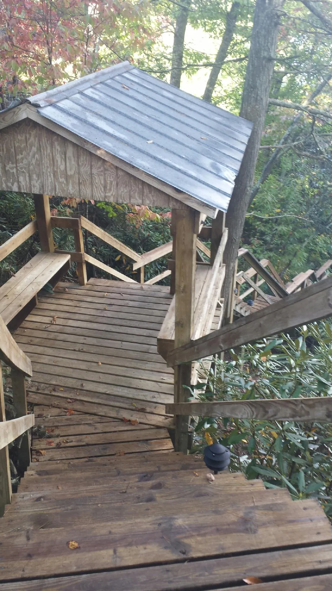 Metal roofed shelter over wooden steps on a wooded walkway — Skylight Repair & Installation work by our crew in Hunter